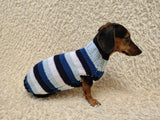 Striped Dachshund Knitted Sweater, Blue Ombre Dog Pullover, Cozy Miniature Dachshund Winter Wear, Stylish Handcrafted Dog Clothes