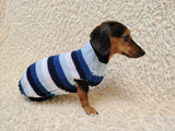 Striped Dachshund Knitted Sweater, Blue Ombre Dog Pullover, Cozy Miniature Dachshund Winter Wear, Stylish Handcrafted Dog Clothes