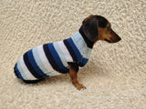 Striped Dachshund Knitted Sweater, Blue Ombre Dog Pullover, Cozy Miniature Dachshund Winter Wear, Stylish Handcrafted Dog Clothes