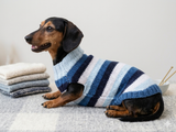 Striped Dachshund Knitted Sweater, Blue Ombre Dog Pullover, Cozy Miniature Dachshund Winter Wear, Stylish Handcrafted Dog Clothes
