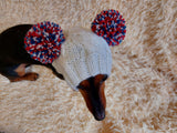 Pet hat with two tricolor pom poms, dachshund dog warm clothes outfit hat with pom poms dachshundknit