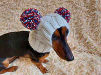 Pet hat with two tricolor pom poms, dachshund dog warm clothes outfit hat with pom poms dachshundknit