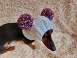 Pet hat with two tricolor pom poms, dachshund dog warm clothes outfit hat with pom poms dachshundknit