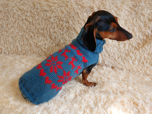 Christmas wool sweater with deer and snowflakes for a small dog, sweater deer for dog, christmas sweater with deer for little dachshund dachshundknit