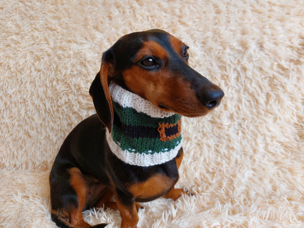 Handknitted woolen santa christmas dog snood, knitted dog neck warmer, dachshund and snood dog scarf with pom poms