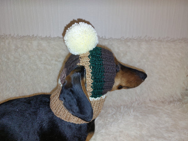 Rainbow striped snood hat for dogs, rainbow hat for dachshunds with open ears