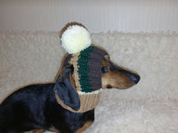 Rainbow striped snood hat for dogs, rainbow hat for dachshunds with open ears