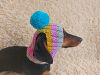 Rainbow striped snood hat for dogs, rainbow hat for dachshunds with open ears