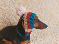 Rainbow striped snood hat for dogs, rainbow hat for dachshunds with open ears