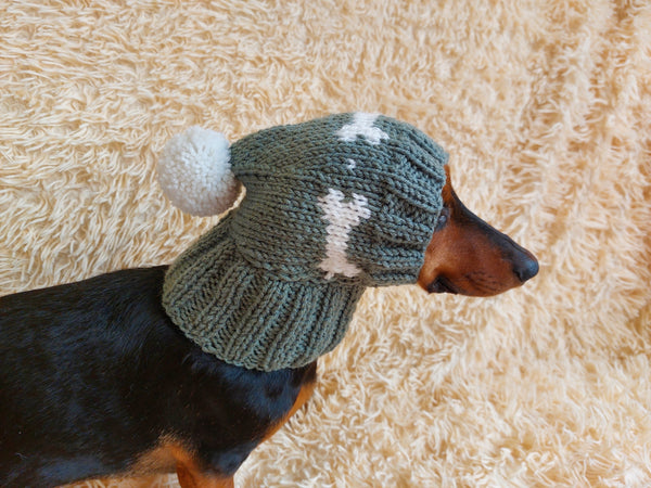 Snood hat wool for dogs with bones and pompom - warm dog ears wool hat-dachshund clothes snood hat with bones