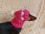 Knitted clothes dog hat with hearts for valentine's day