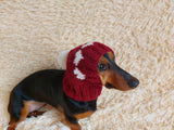 Knitted clothes dog hat with hearts for valentine's day