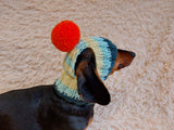 Rainbow striped snood hat for dogs, rainbow hat for dachshunds with open ears