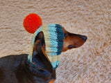 Rainbow striped snood hat for dogs, rainbow hat for dachshunds with open ears