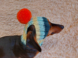 Rainbow striped snood hat for dogs, rainbow hat for dachshunds with open ears