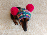 Dog hat with two pom poms wool, warm hat for dachshund, wool hat for small dogs