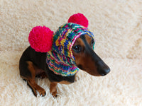 Dog hat with two pom poms wool, warm hat for dachshund, wool hat for small dogs