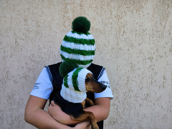 Matching Christmas Striped Dog and Owner Beanie Set: Wool Blend Knit