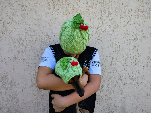 Matching Knit Snood Hat Set: Wool Blend Mom & Dog