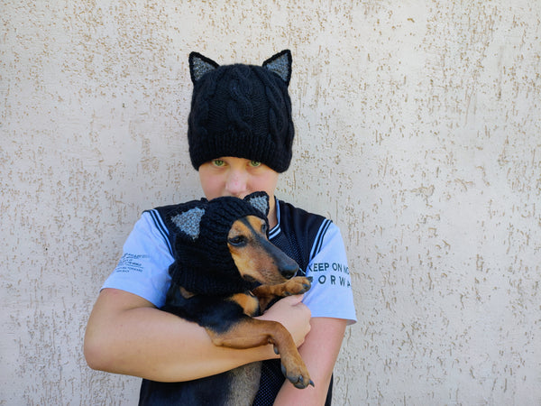 Matching Black Cat Hat Set: Angora Wool Mom & Dog Halloween Costume