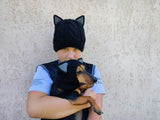 Matching Black Cat Hat Set: Angora Wool Mom & Dog Halloween Costume
