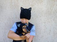 Matching Black Cat Hat Set: Angora Wool Mom & Dog Halloween Costume