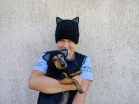 Matching Black Cat Hat Set: Angora Wool Mom & Dog Halloween Costume