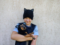 Matching Black Cat Hat Set: Angora Wool Mom & Dog Halloween Costume