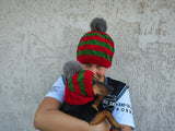 Matching Christmas Striped Dog and Owner Beanie Set: Wool Blend Knit