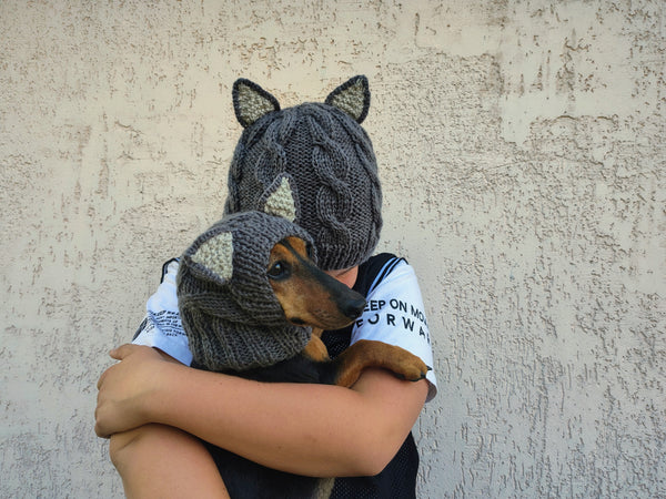 Matching Wolf Hat Set: Angora Wool Mom & Dog Halloween Costume