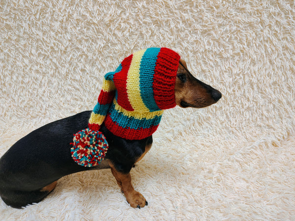 Christmas bright outfit dog hat with pompom,dachshund hat,Christmas clothes for dog photo shoot