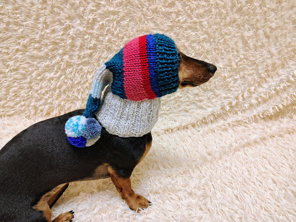 Christmas rainbow striped Santa hat for dog with pom poms