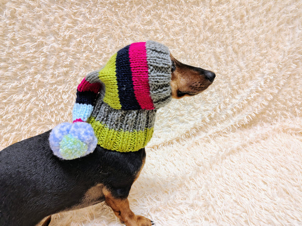 Christmas rainbow striped Santa hat for dog with pom poms