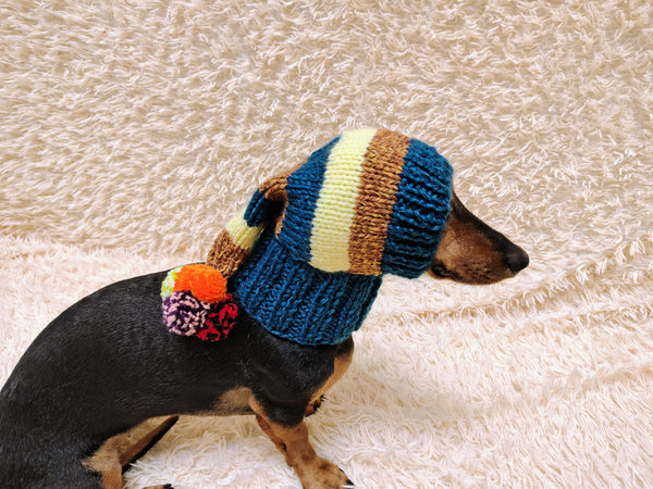 Christmas rainbow striped Santa hat for dog with pom poms
