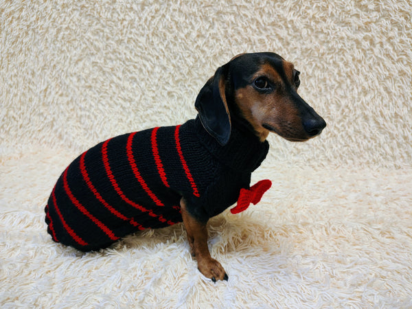 Black dog sweater with red stripes and a bow