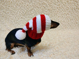 Knitted Christmas Dog Hat: Red & White Striped Lurex with Pom
