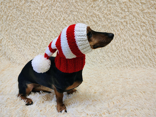 Knitted Christmas Dog Hat: Red & White Striped Lurex with Pom