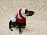 Knitted Christmas Dog Hat: Red & White Striped Lurex with Pom