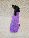 3 color Dog sweater with aran bow and wooden buttons, dachshund clothing outfit