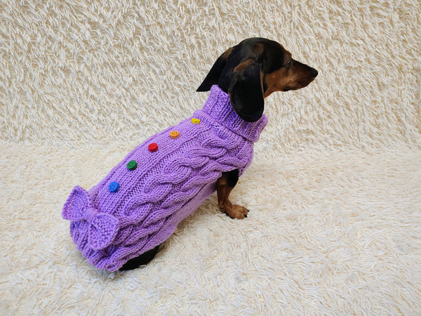 3 color Dog sweater with aran bow and wooden buttons, dachshund clothing outfit