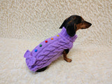 3 color Dog sweater with aran bow and wooden buttons, dachshund clothing outfit