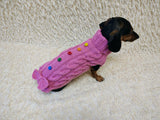 3 color Dog sweater with aran bow and wooden buttons, dachshund clothing outfit