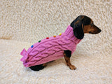 3 color Dog sweater with aran bow and wooden buttons, dachshund clothing outfit
