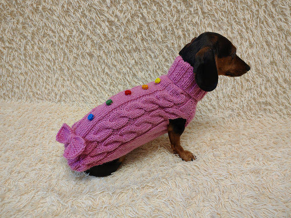 3 color Dog sweater with aran bow and wooden buttons, dachshund clothing outfit