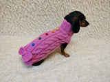 3 color Dog sweater with aran bow and wooden buttons, dachshund clothing outfit