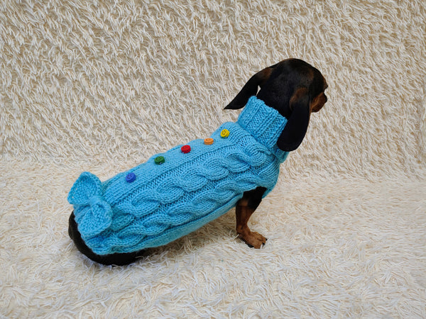 3 color Dog sweater with aran bow and wooden buttons, dachshund clothing outfit