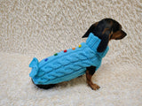 3 color Dog sweater with aran bow and wooden buttons, dachshund clothing outfit
