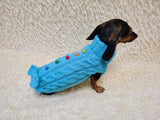 3 color Dog sweater with aran bow and wooden buttons, dachshund clothing outfit