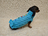 3 color Dog sweater with aran bow and wooden buttons, dachshund clothing outfit