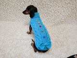 3 color Dog sweater with aran bow and wooden buttons, dachshund clothing outfit